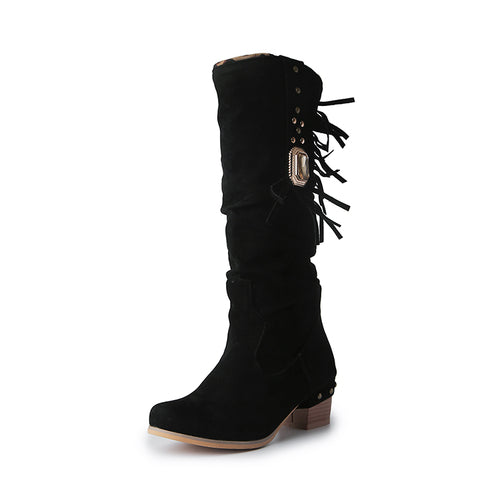 Chunky Heel Suede Crystal Tassel Mid Calf Boots