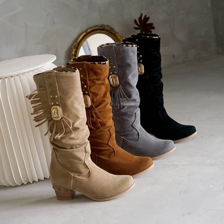 Chunky Heel Suede Crystal Tassel Mid Calf Boots