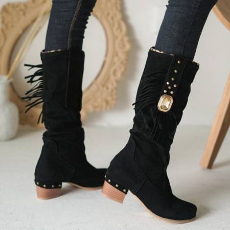 Chunky Heel Suede Crystal Tassel Mid Calf Boots