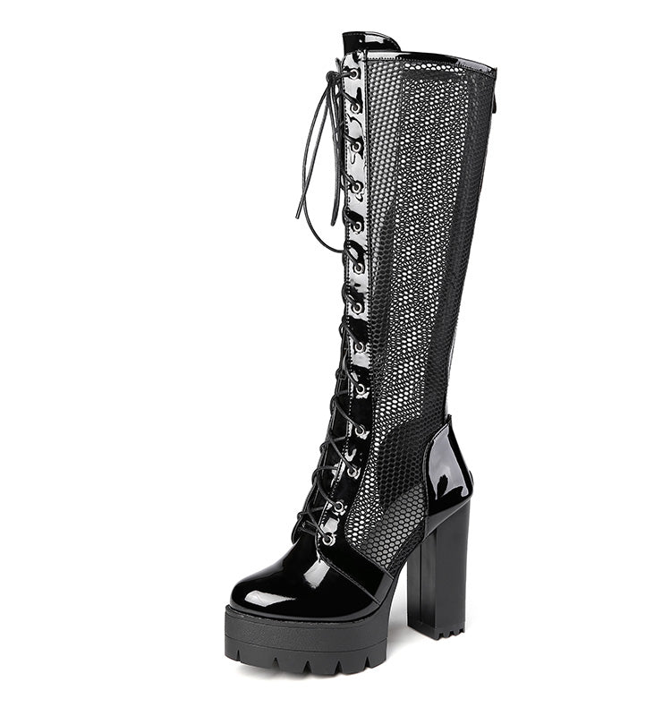 Knee High Boots Plus Lace Up Mesh Square High Heels Platform