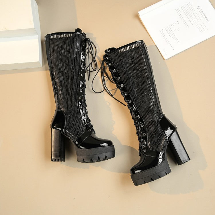 Knee High Boots Plus Lace Up Mesh Square High Heels Platform