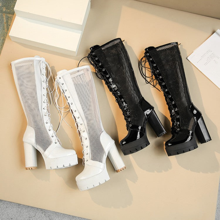 Knee High Boots Plus Lace Up Mesh Square High Heels Platform
