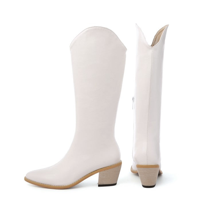 Mid -Calf Boots PU Leather Slip On Sequae Heels Pionted Toe Plus Size