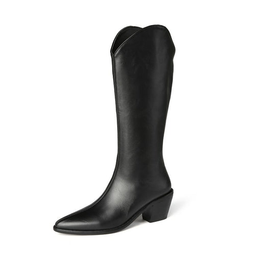 Mid -Calf Boots PU Leather Slip On Sequae Heels Pionted Toe Plus Size