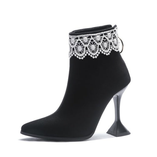 Thin High Heels Zip Lace Suede Leather Ankle Boots with Pull Ring