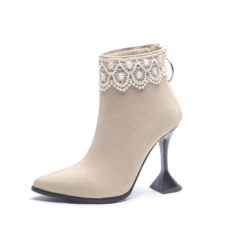 Thin High Heels Zip Lace Suede Leather Ankle Boots with Pull Ring