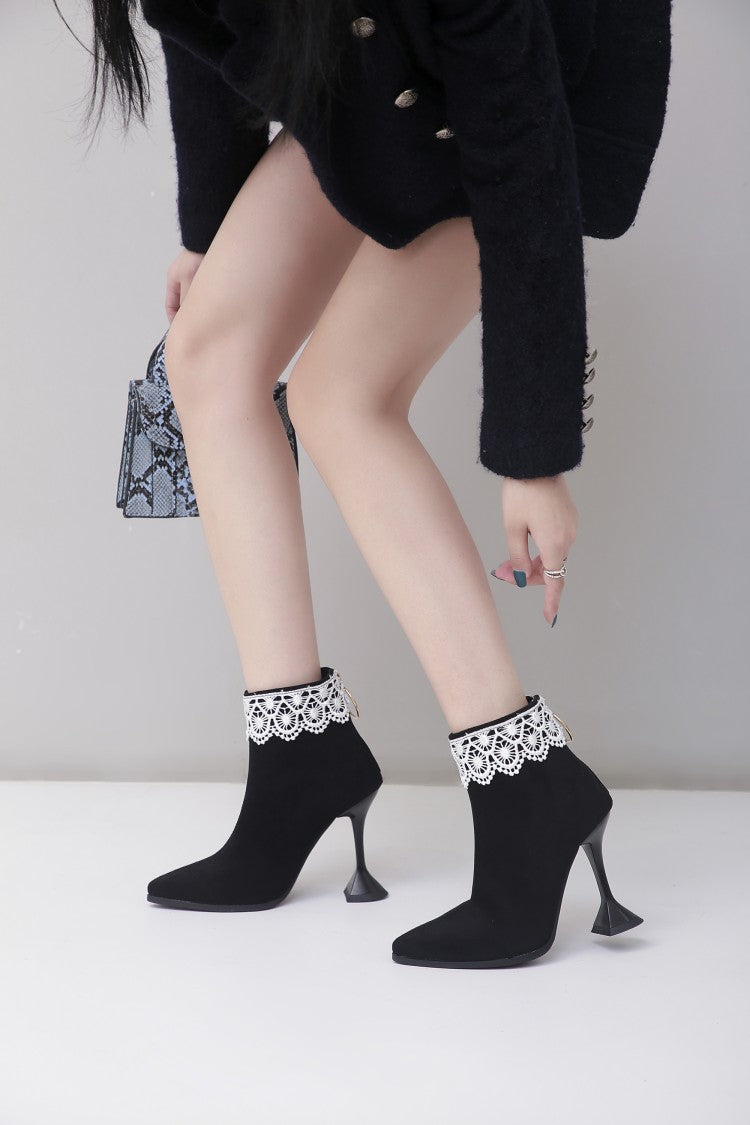 Thin High Heels Zip Lace Suede Leather Ankle Boots with Pull Ring
