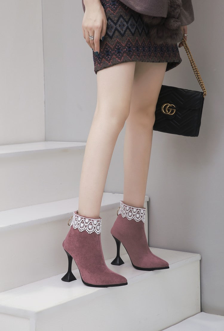 Thin High Heels Zip Lace Suede Leather Ankle Boots with Pull Ring