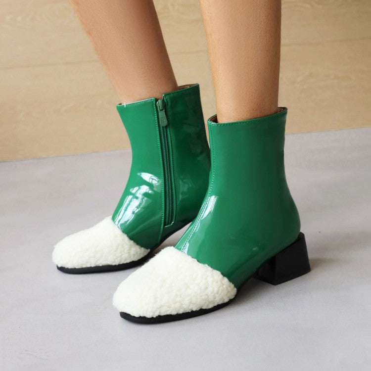 Lamb Wool Patchwork Patent Leather Zip Middle Heels Ankle Boots