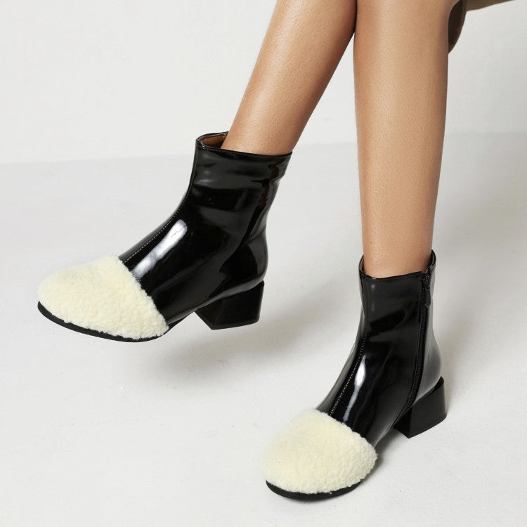 Lamb Wool Patchwork Patent Leather Zip Middle Heels Ankle Boots