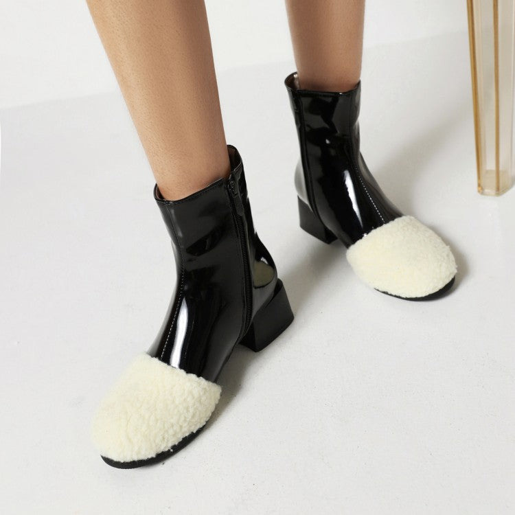 Lamb Wool Patchwork Patent Leather Zip Middle Heels Ankle Boots
