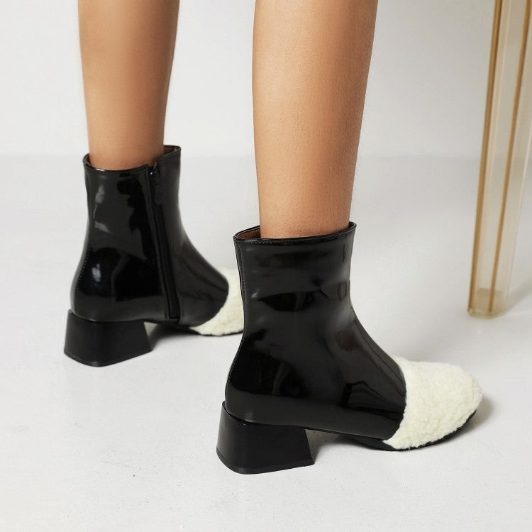 Lamb Wool Patchwork Patent Leather Zip Middle Heels Ankle Boots