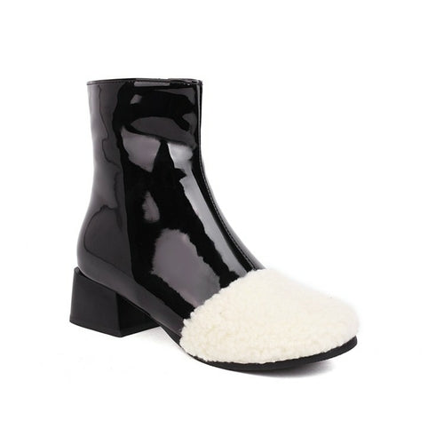 Lamb Wool Patchwork Patent Leather Zip Middle Heels Ankle Boots