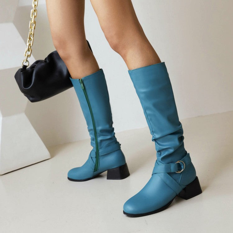 Zip Thick Middle Heels PU Leather Mid Calf Boots