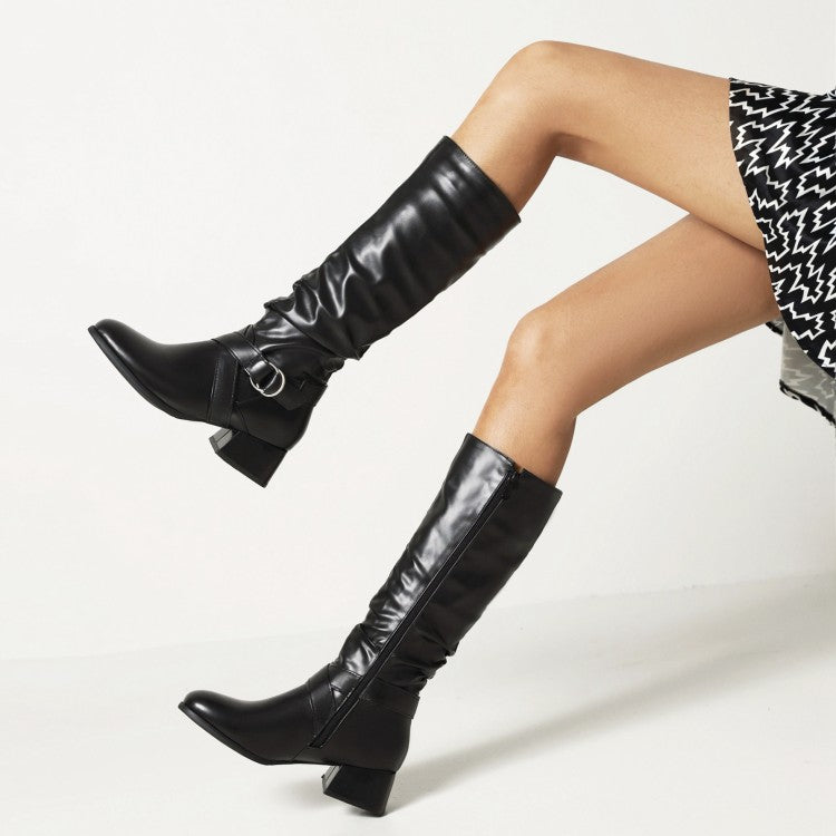Zip Thick Middle Heels PU Leather Mid Calf Boots