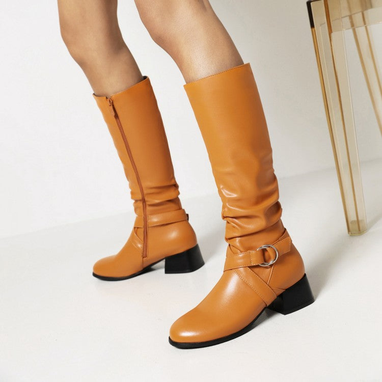 Zip Thick Middle Heels PU Leather Mid Calf Boots