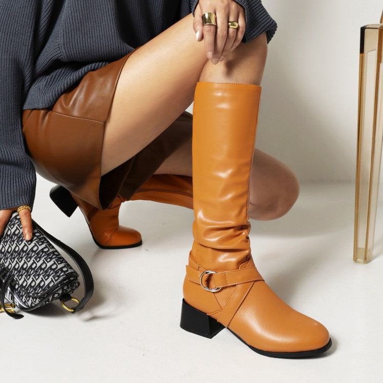 Zip Thick Middle Heels PU Leather Mid Calf Boots