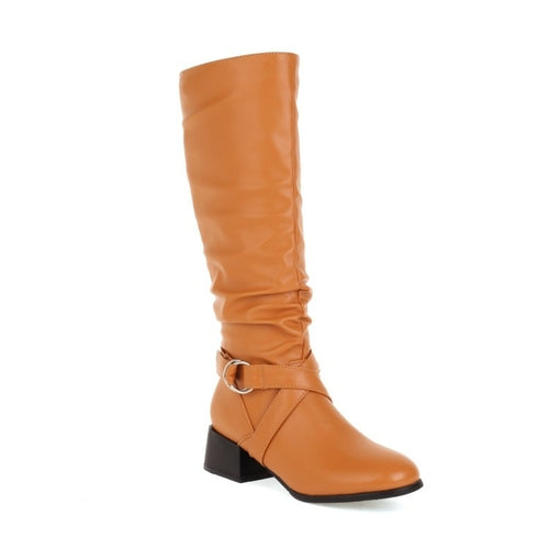 Zip Thick Middle Heels PU Leather Mid Calf Boots