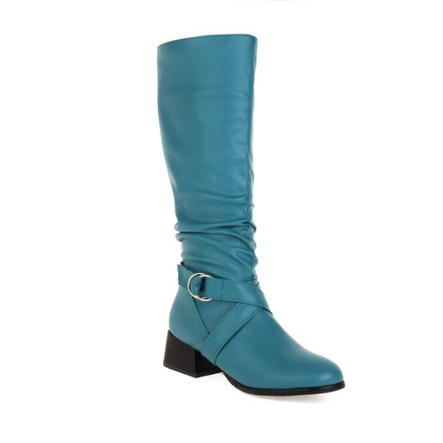 Zip Thick Middle Heels PU Leather Mid Calf Boots