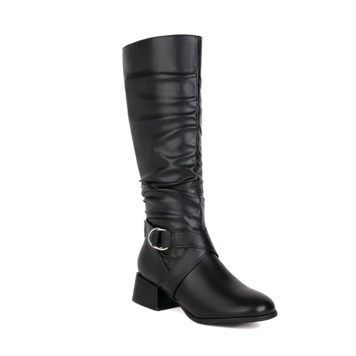 Zip Thick Middle Heels PU Leather Mid Calf Boots