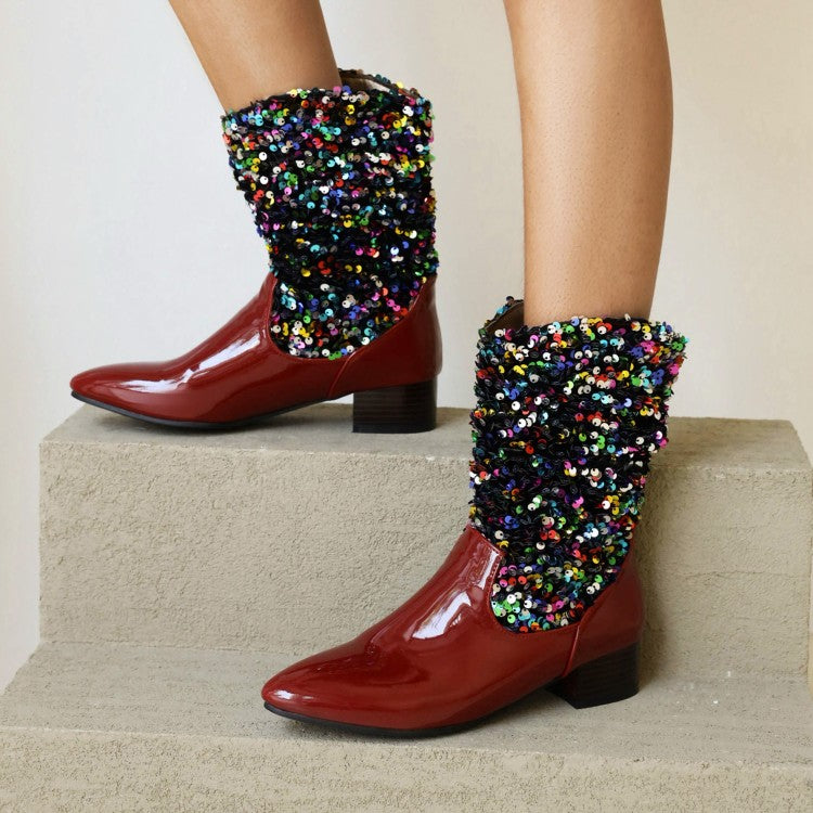 Bling Sequin Cloth Slip On Pointed Toe Ankle Boots