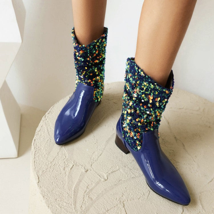 Bling Sequin Cloth Slip On Pointed Toe Ankle Boots