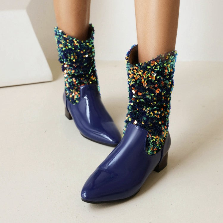 Bling Sequin Cloth Slip On Pointed Toe Ankle Boots