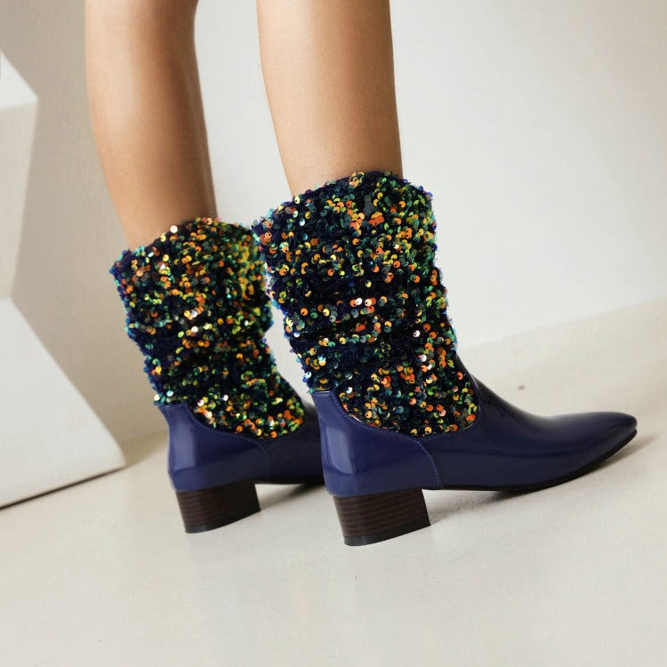 Bling Sequin Cloth Slip On Pointed Toe Ankle Boots