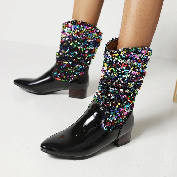 Bling Sequin Cloth Slip On Pointed Toe Ankle Boots