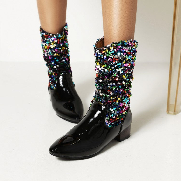 Bling Sequin Cloth Slip On Pointed Toe Ankle Boots