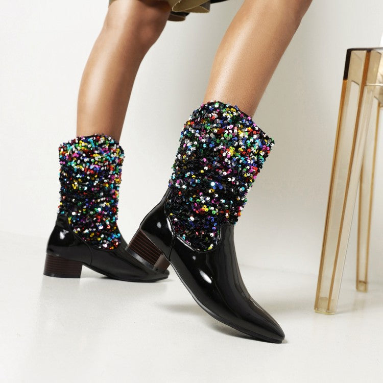 Bling Sequin Cloth Slip On Pointed Toe Ankle Boots