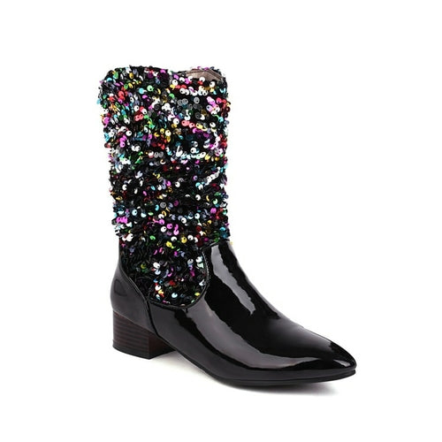 Bling Sequin Cloth Slip On Pointed Toe Ankle Boots