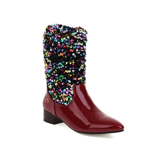 Bling Sequin Cloth Slip On Pointed Toe Ankle Boots