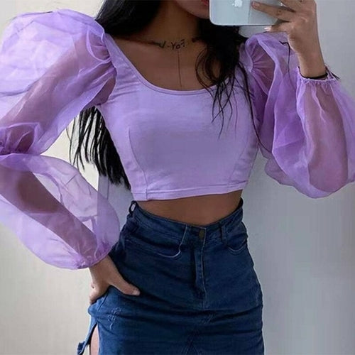 Solid Mesh Patchwork Blouses Sexy Square Collar Loose Top