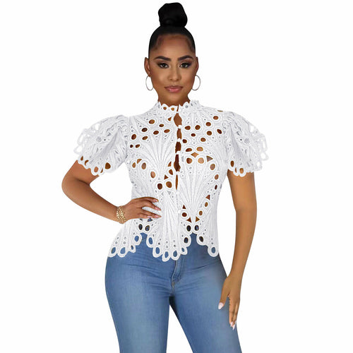 Hollow Out Mesh Lace Shirt Sheer See Through Top Blouse