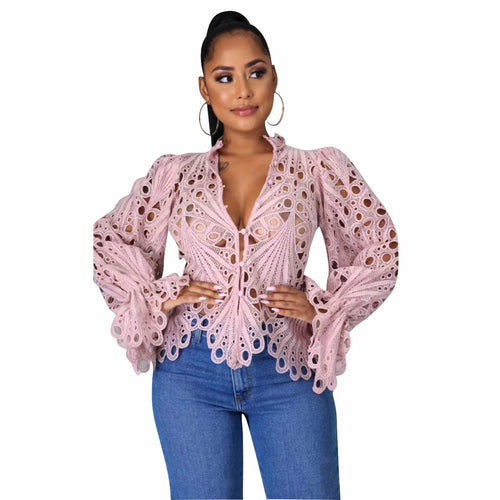 Hollow Out Mesh Lace Shirt Sheer See Through Top Blouse