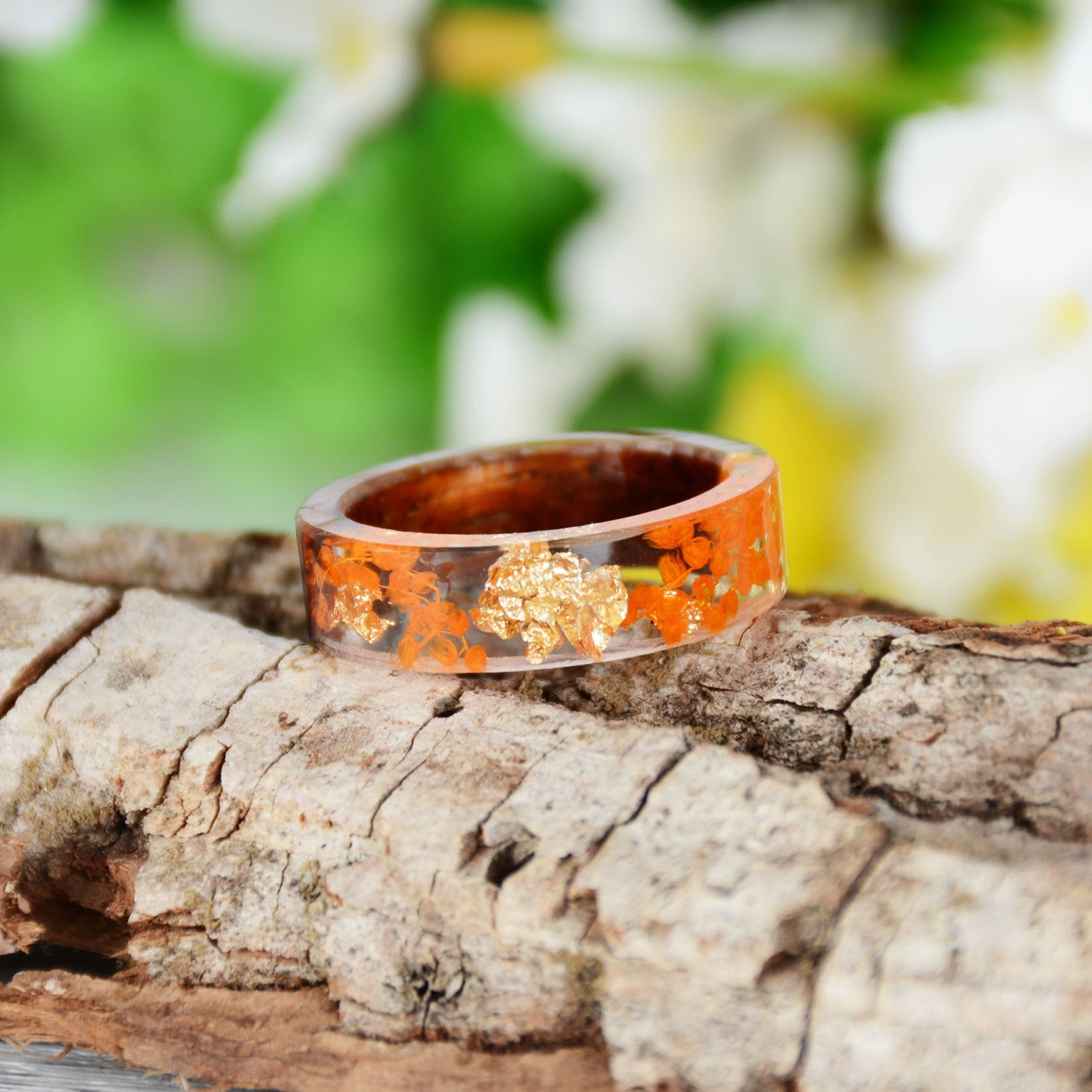 Handmade DIY romantic dry flower Real wood resin ring gold / silver