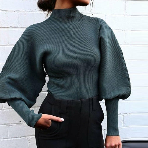 High Collar Lantern Sleeve Knitted Pullovers Sweater