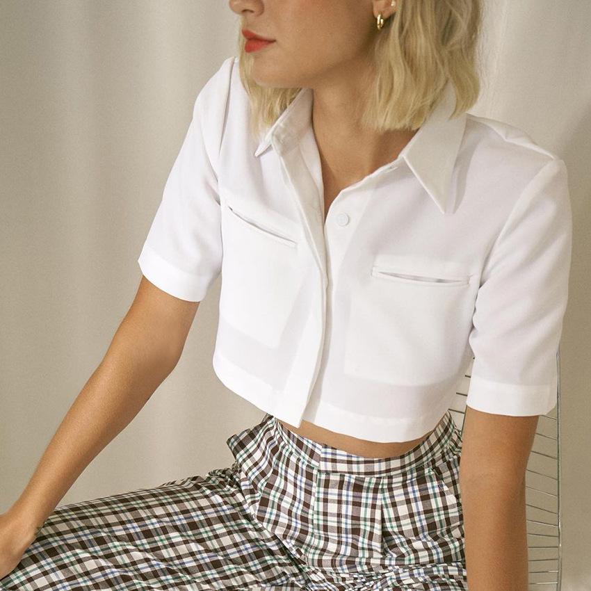 High Street Y2K Solid Pocket Crop Tops Short Sleeve