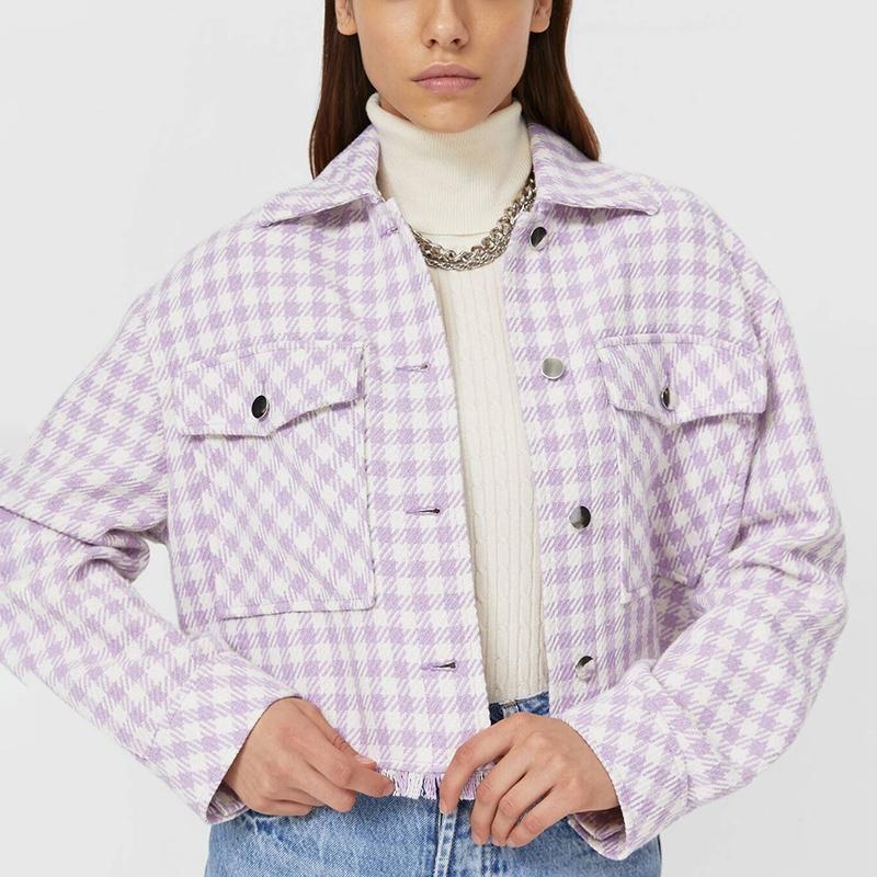 Women Vintage Houndstooth Printed Cropped Coats Turn Down Collar Long