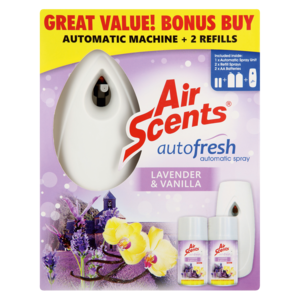 Air Scents Autofresh Automatic Air Freshener Dispenser & Two Lavender & Vanilla Scented Refills 2 x 250ml