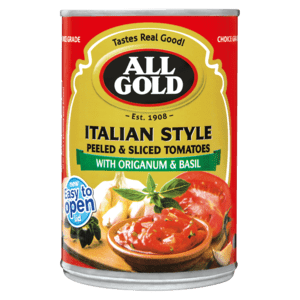 All Gold Italian Style Peeled & Sliced Tomatoes With Origanium & Basil Can 410g - myhoodmarket