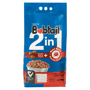 Bobtail 2-In-1 Adult Steak Flavoured Dog Food With Moist Meat 6.5kg - myhoodmarket