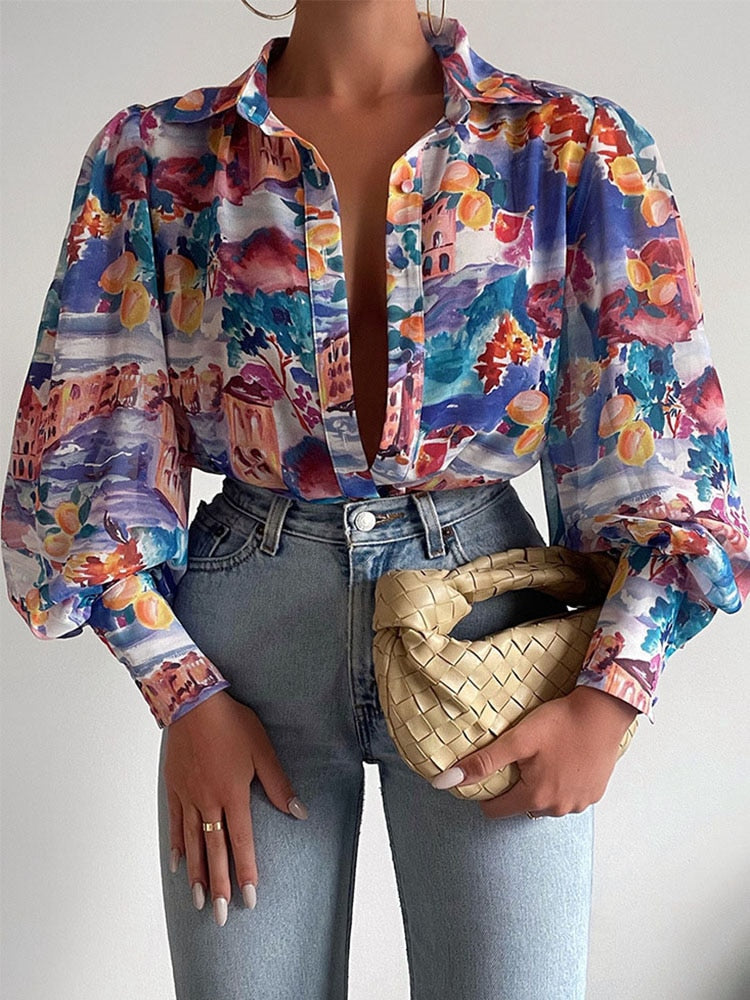 Casual Painting Printed Single-breasted Blouse