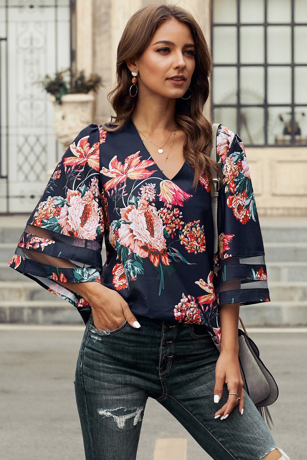 Chic Red 3/4 Flared Sleeve Floral Chiffon Blouse