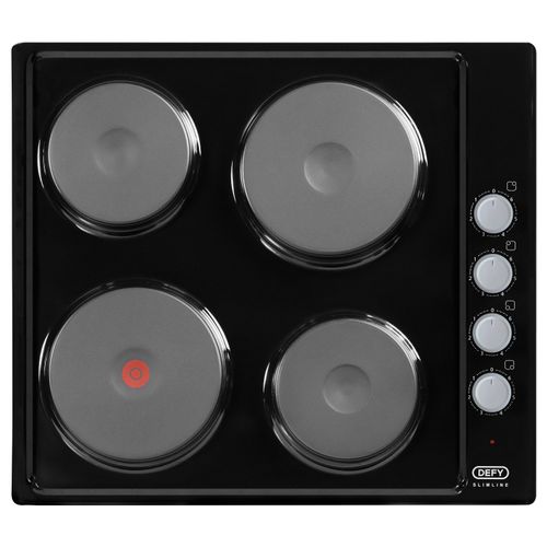 Defy 50cm Slimline 4 Solid Plate Black Silver Hob DHD415