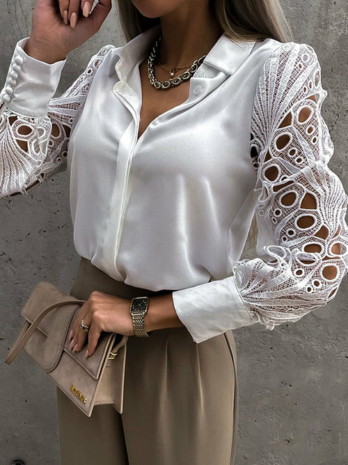 Lace  Long Sleeve White Black Button Blouses Top