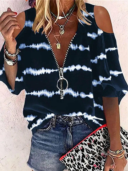 Printed Zipper Blouse Off Shoulder Hollow Out Party Tops