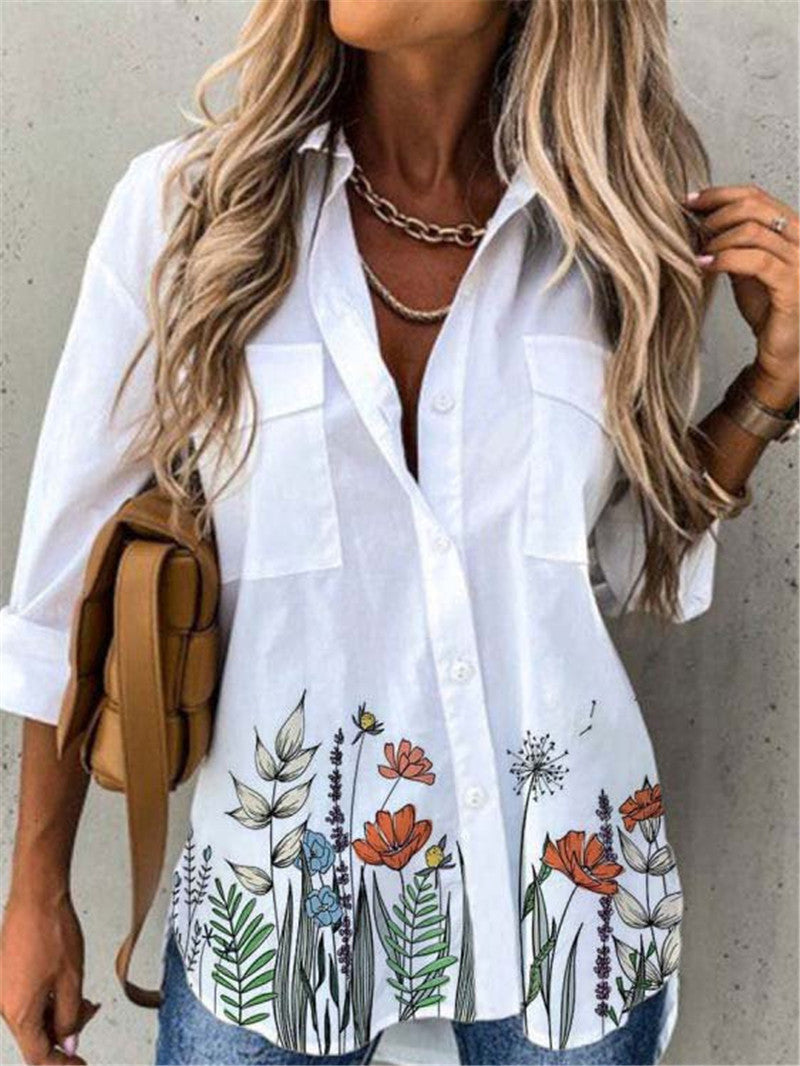 Casual Printed Loose Long Sleeve Turn Down Collar Shirt