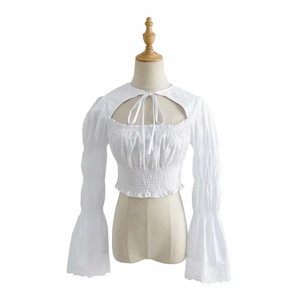 Lace Up White Cotton Blouse Tops Women Sexy Front Cut Crop Tops Summer